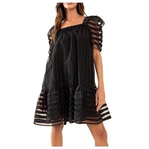Ces Femme Women's Black Poly Organza w Black Cotton Lining Puff Sleeve Babydoll